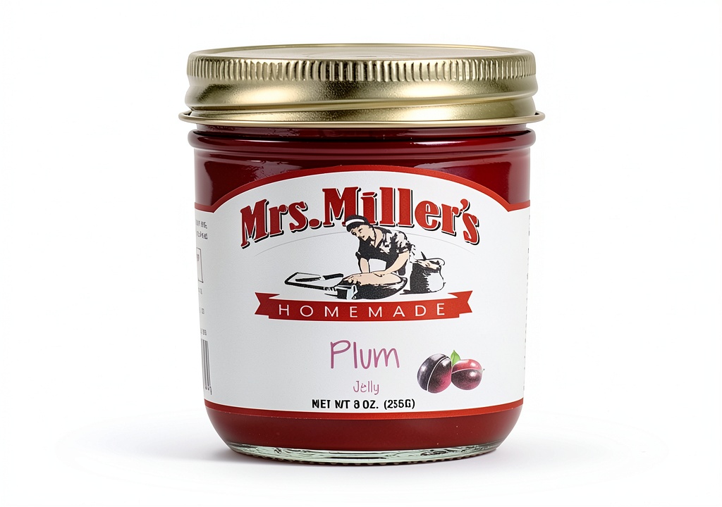 Canned plums displayed in a kitchen pantry setting