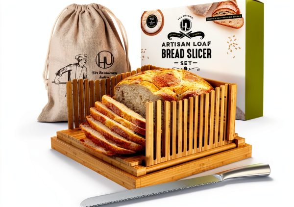 Bamboo Bread Slicer by LHU - 12" Adjustable Guide with Knife & Bag-2